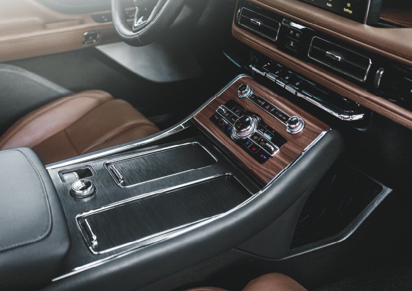 The front center console of a 2024 Lincoln Aviator® SUV is shown | Nick Mayer Lincoln Mayfield in Mayfield Heights OH