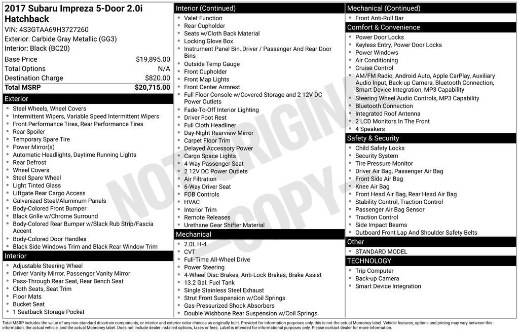 2017 Subaru Impreza 2.0i