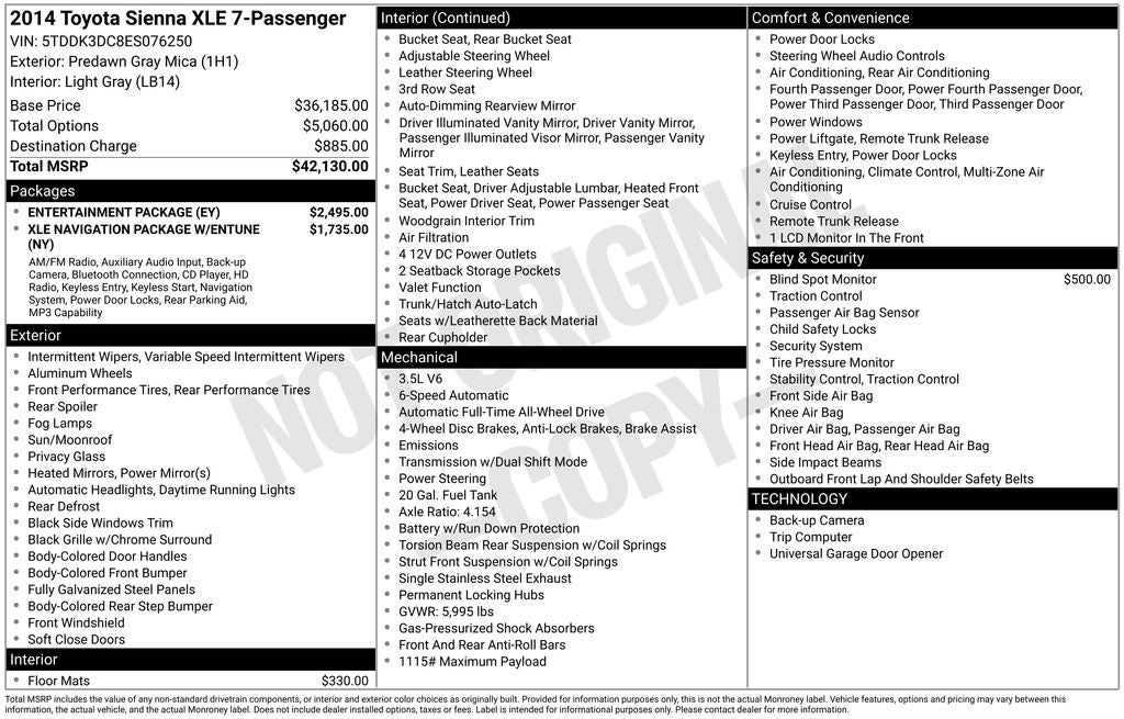 2014 Toyota Sienna XLE 7 Passenger
