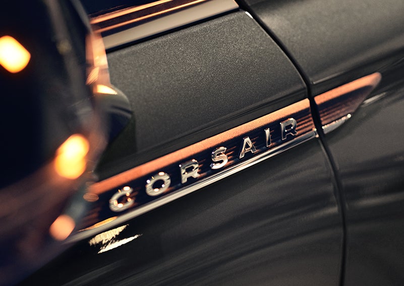 The stylish chrome badge reading “CORSAIR” is shown on the exterior of the vehicle. | Nick Mayer Lincoln Mayfield in Mayfield Heights OH
