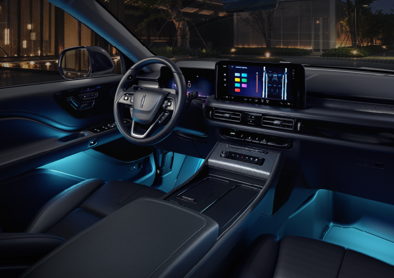 Deep blue ambient lighting glows from various places within a 2025 Lincoln Aviator® SUV. | Nick Mayer Lincoln Mayfield in Mayfield Heights OH