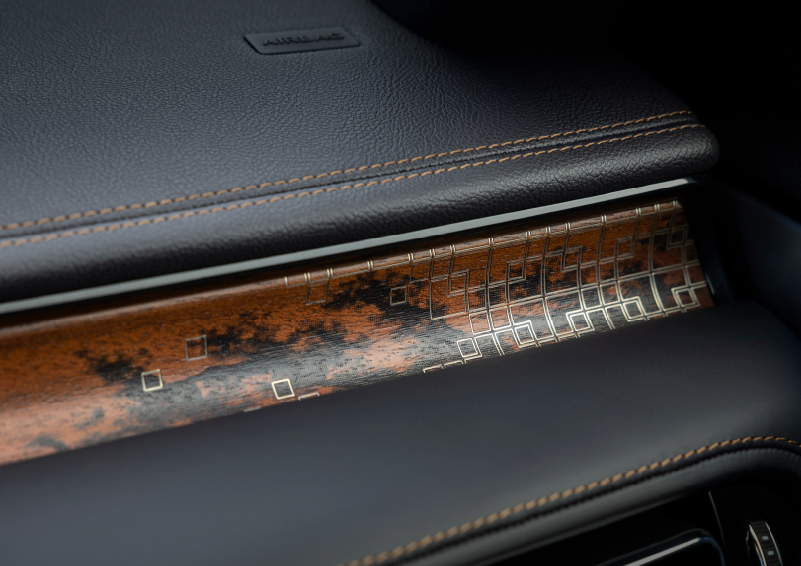 A close-up shot of the 2025 Lincoln Aviator® dashboard with unique black and brown accents, and brown stitching. | Nick Mayer Lincoln Mayfield in Mayfield Heights OH
