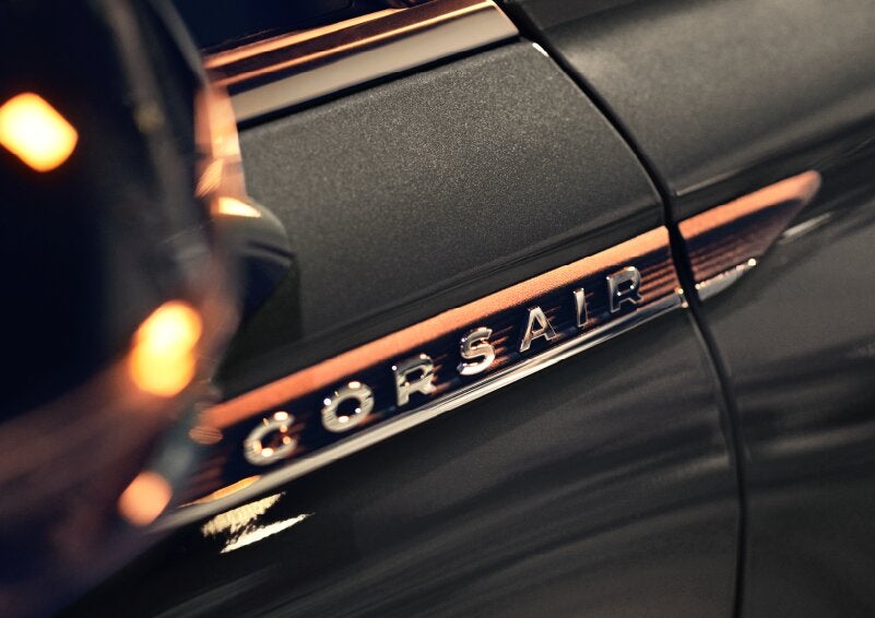 The stylish chrome badge reading “CORSAIR” is shown on the exterior of the vehicle. | Nick Mayer Lincoln Mayfield in Mayfield Heights OH