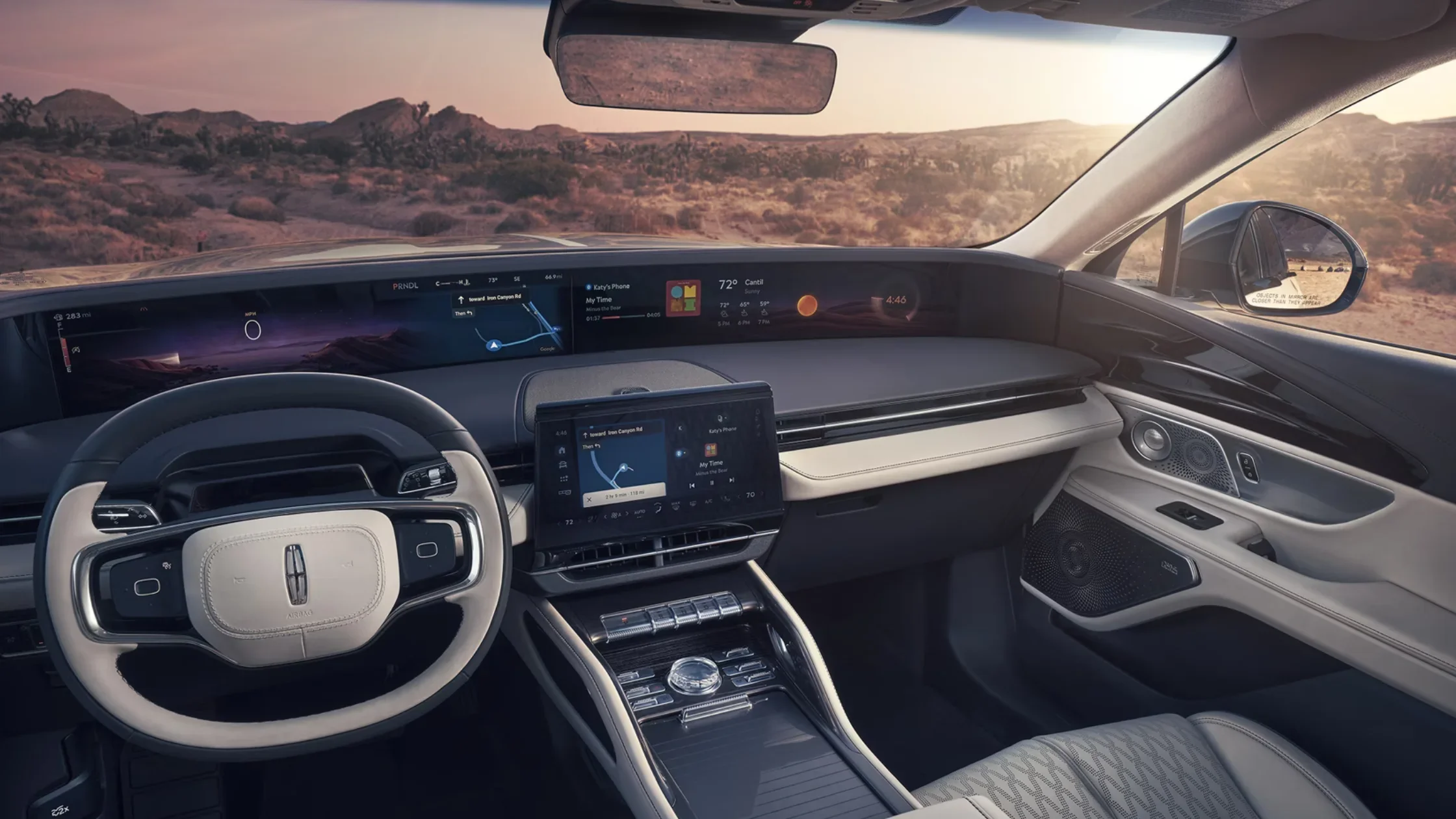 Interior of 2025 Lincoln Black Label Nautilus featuring digital display dashboard and leather seating.