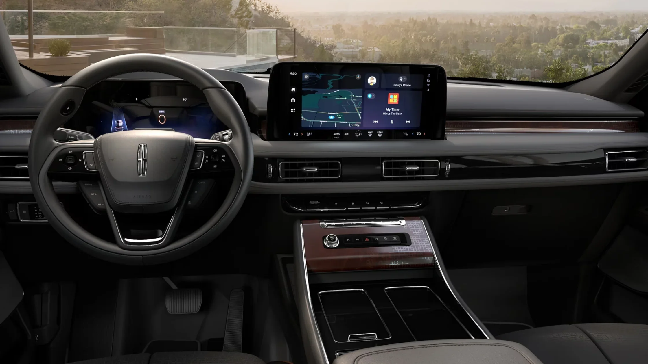 Driver’s view of the 2025 Lincoln Black Label Aviator interior with touchscreen navigation and digital display.