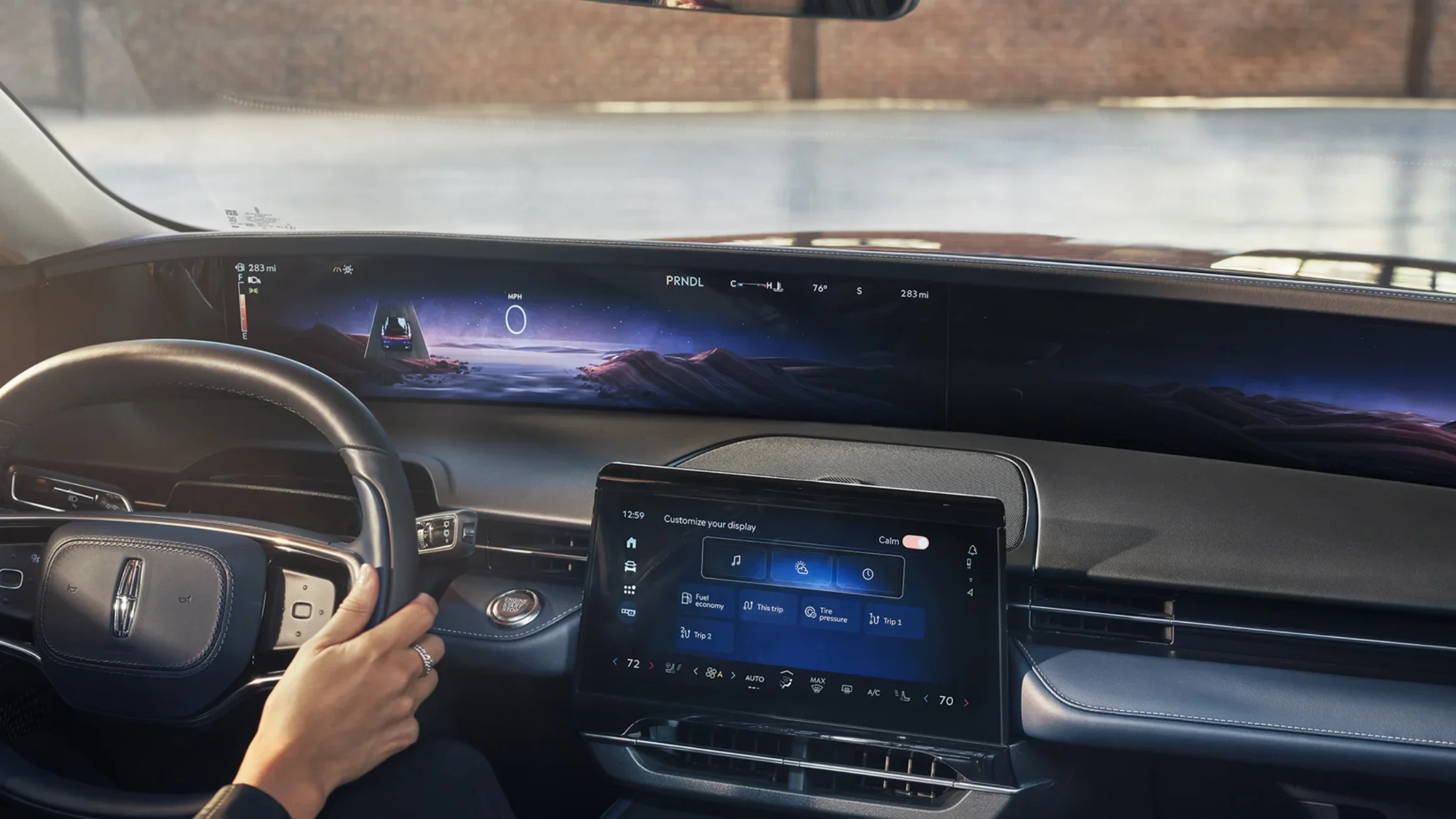 Interior dashboard view of the 2025 Lincoln Nautilus® Reserve featuring digital panoramic display.
