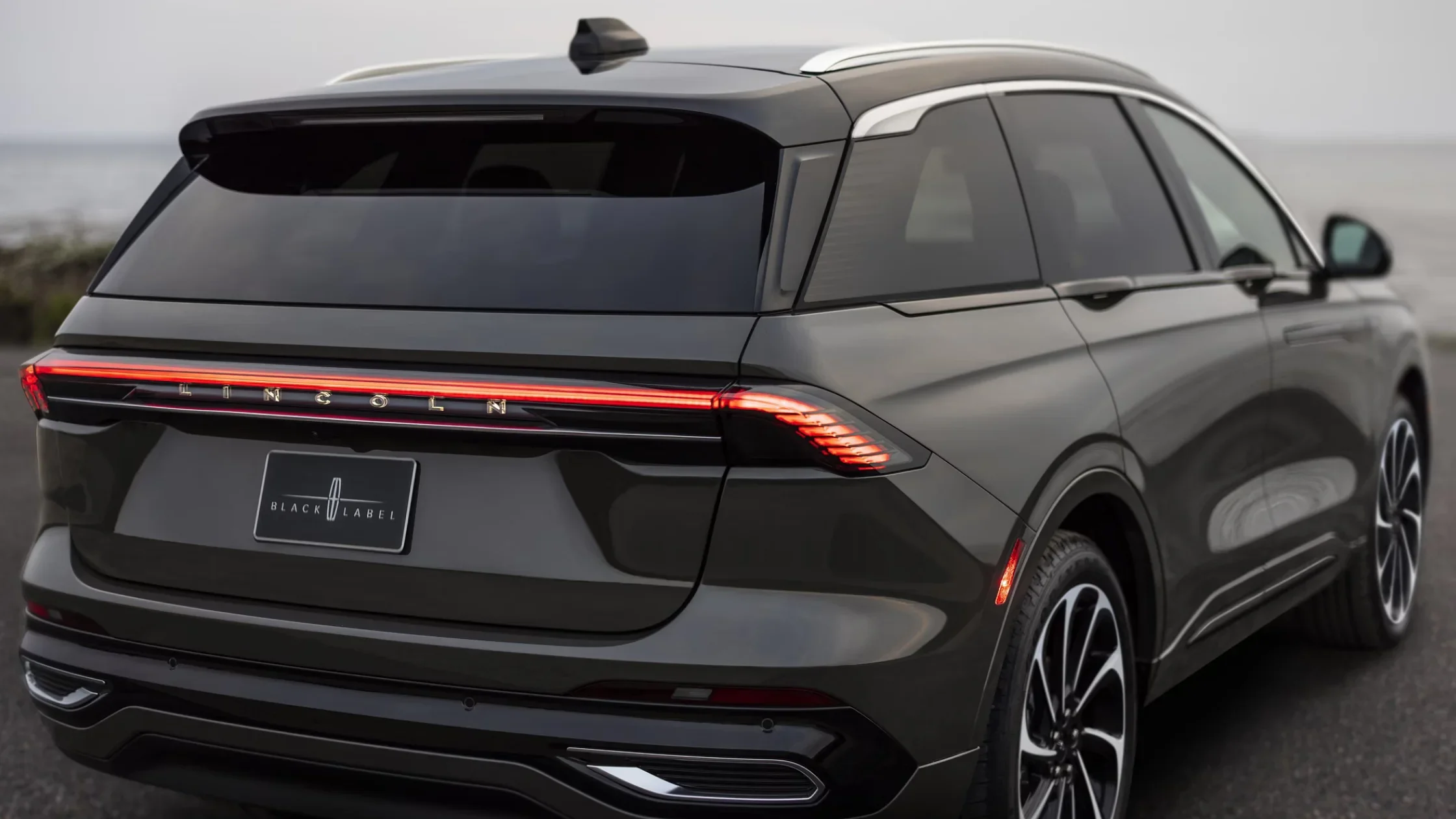 Black Label Nautilus SUV parked near a coastal area, showcasing its distinctive LED taillight strip and modern rear design.