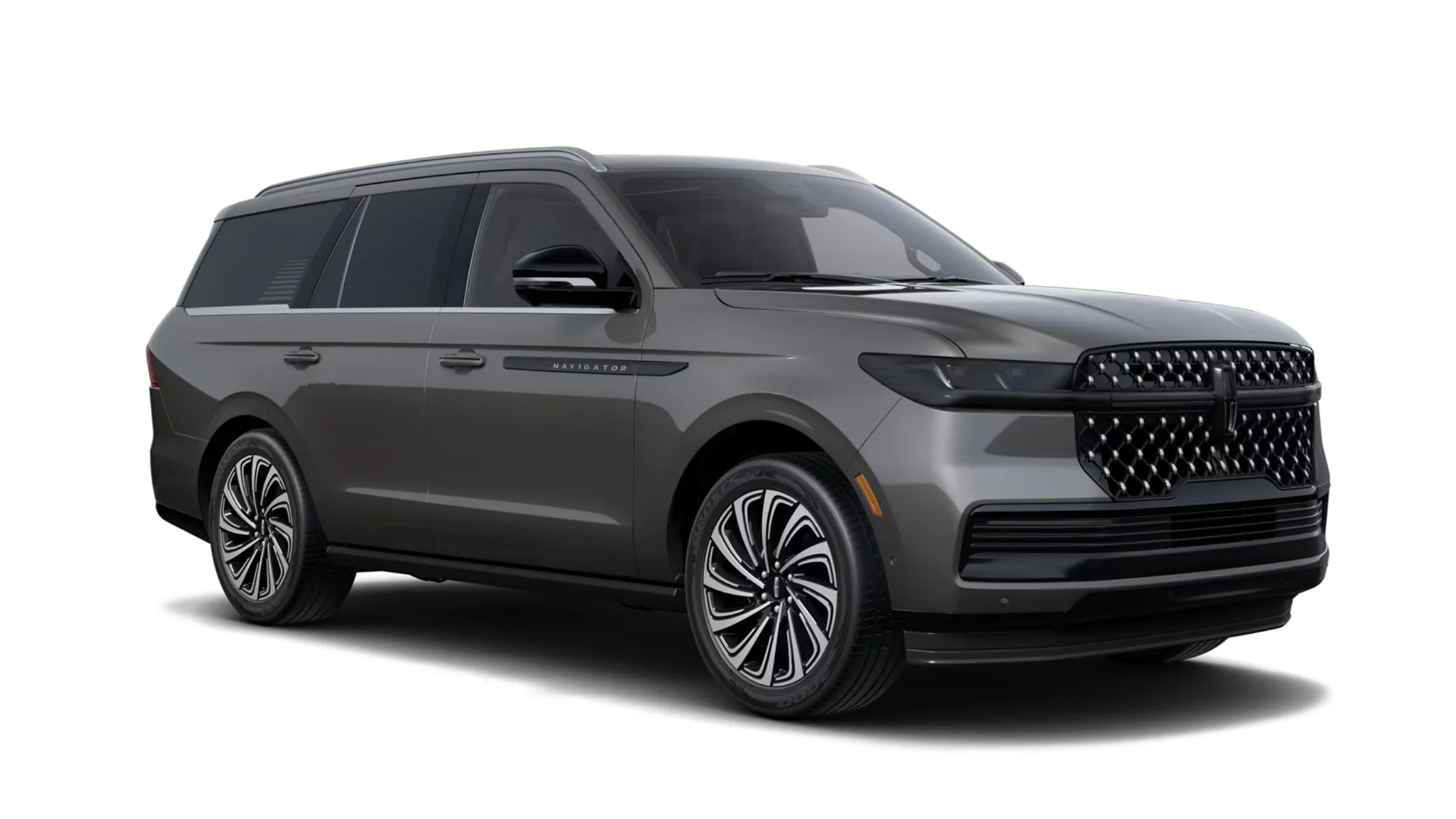 Gray 2024 Lincoln Navigator® SUV shown from front three-quarter view on white background.