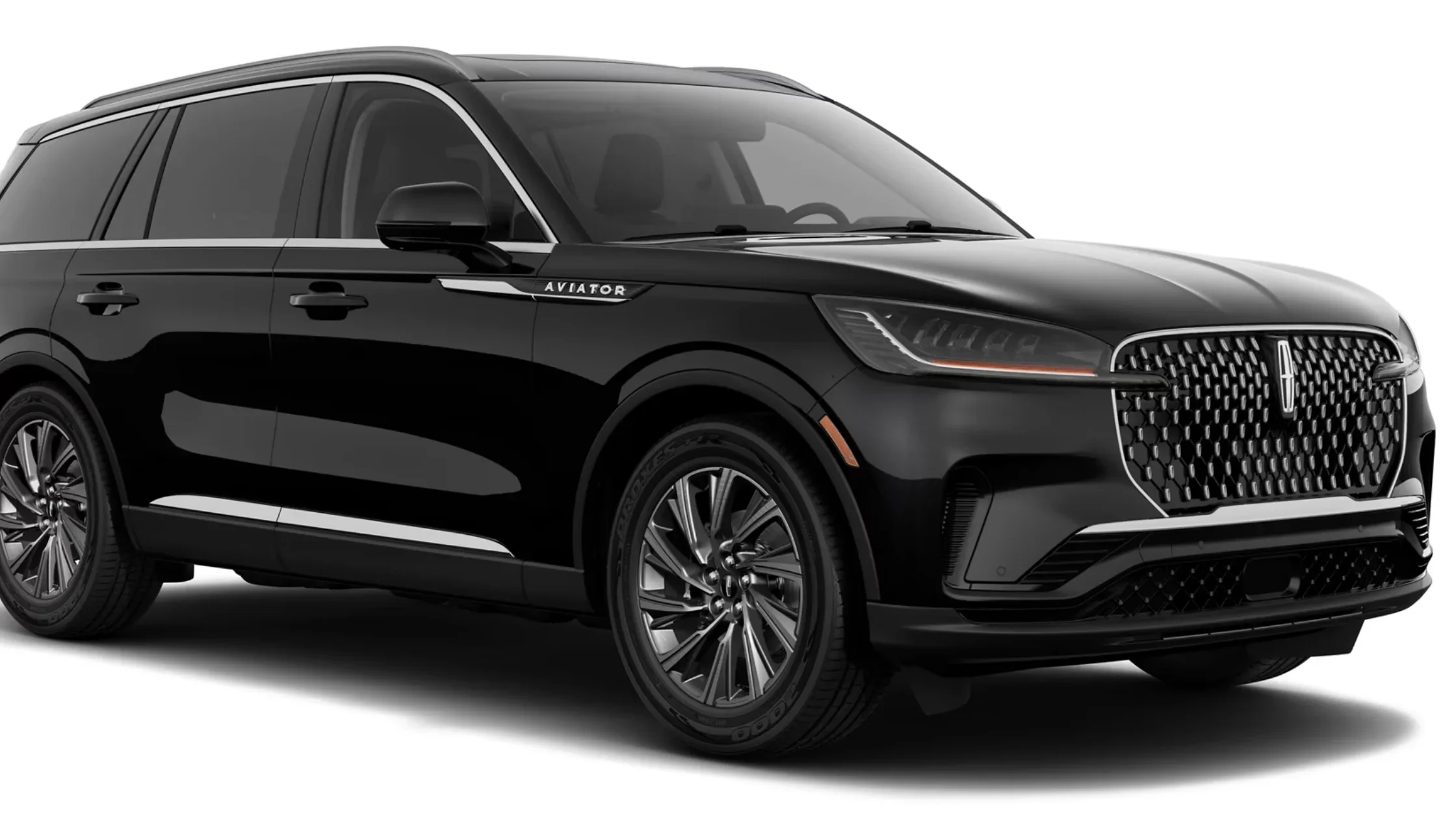 2025 Lincoln Aviator Premiere in black with chrome accents, front three-quarter studio view
