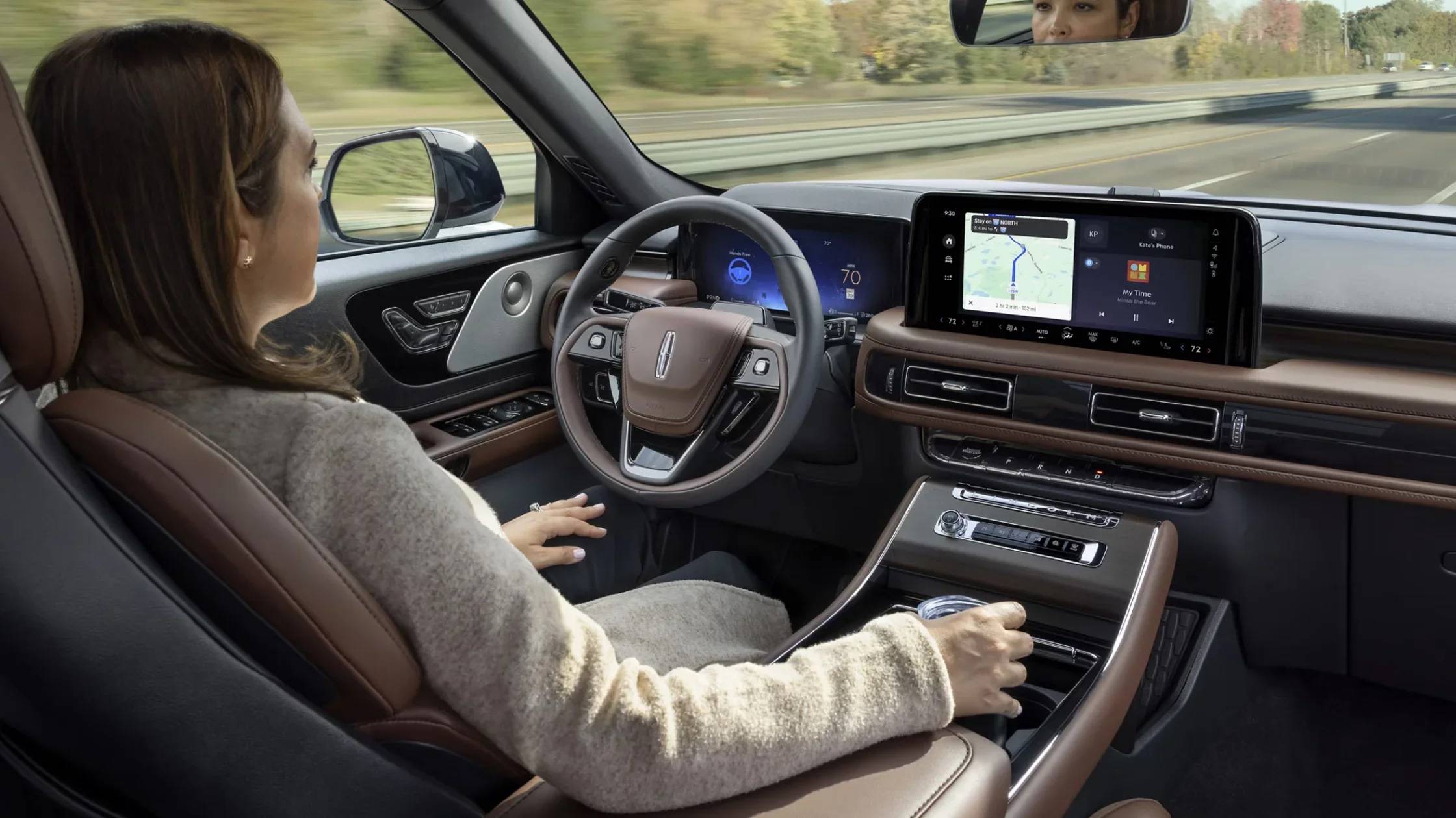 2025 Lincoln Aviator Premiere interior showing digital displays and tan steering accents