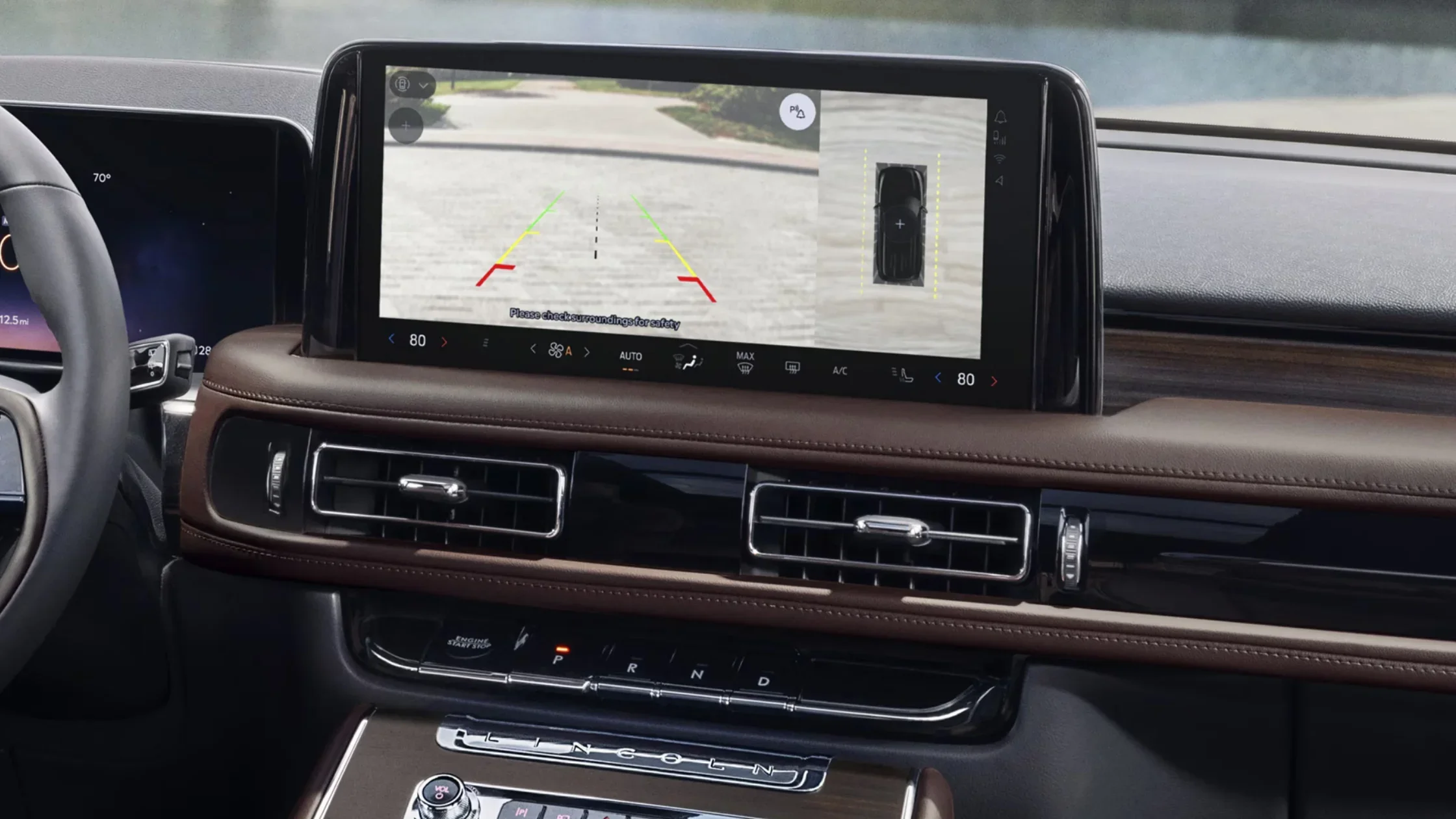 Close-up of 2025 Lincoln Aviator Premiere display with rearview camera and parking guide lines