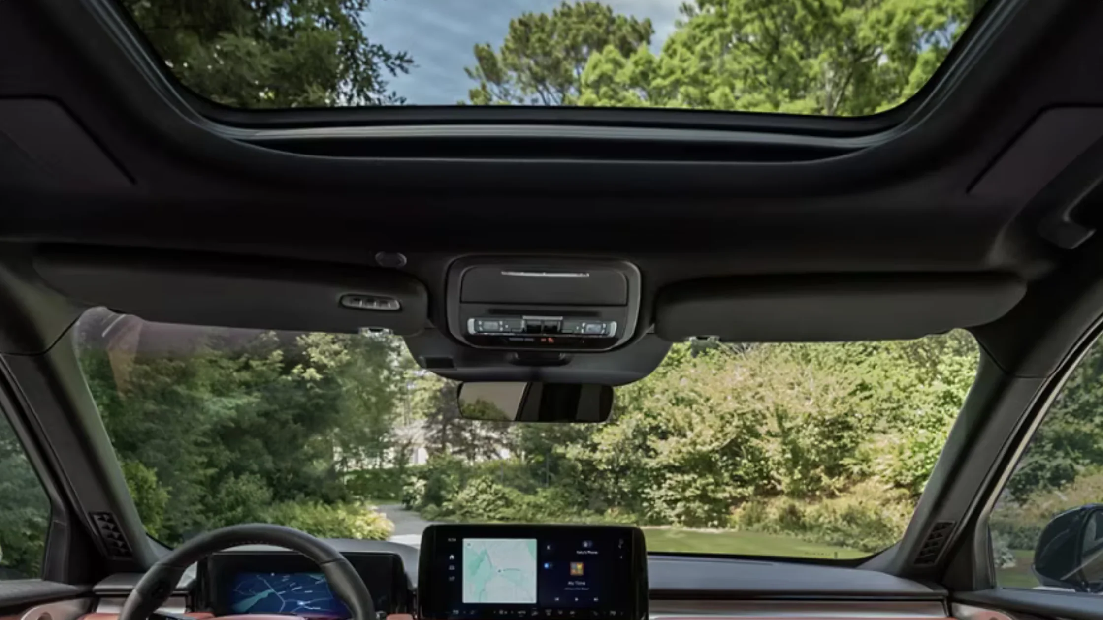 2025 Aviator Reserve panoramic sunroof view from the front cabin interior.