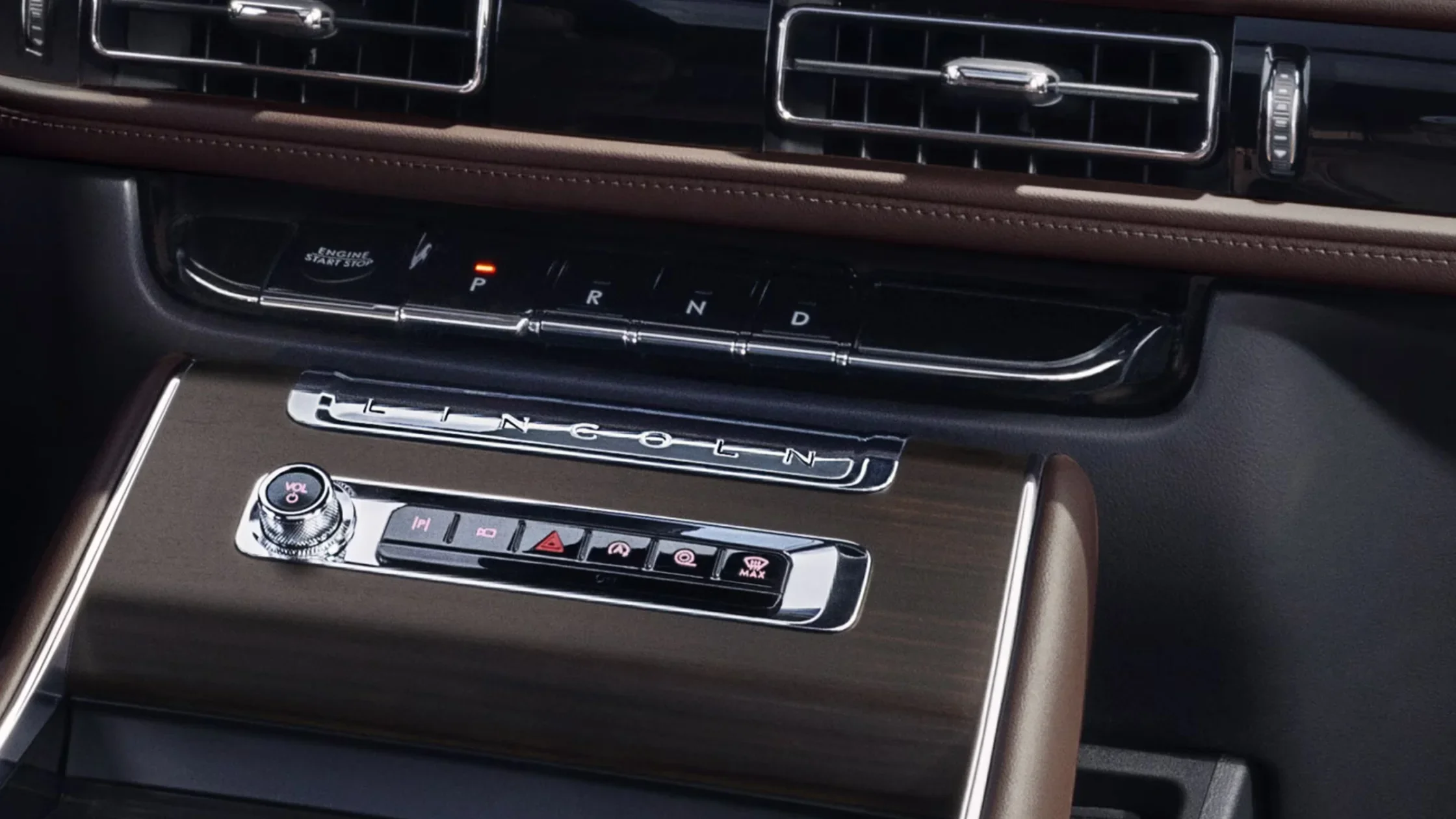 2025 Black Label Aviator® wood-grain center console with gear controls and accents.